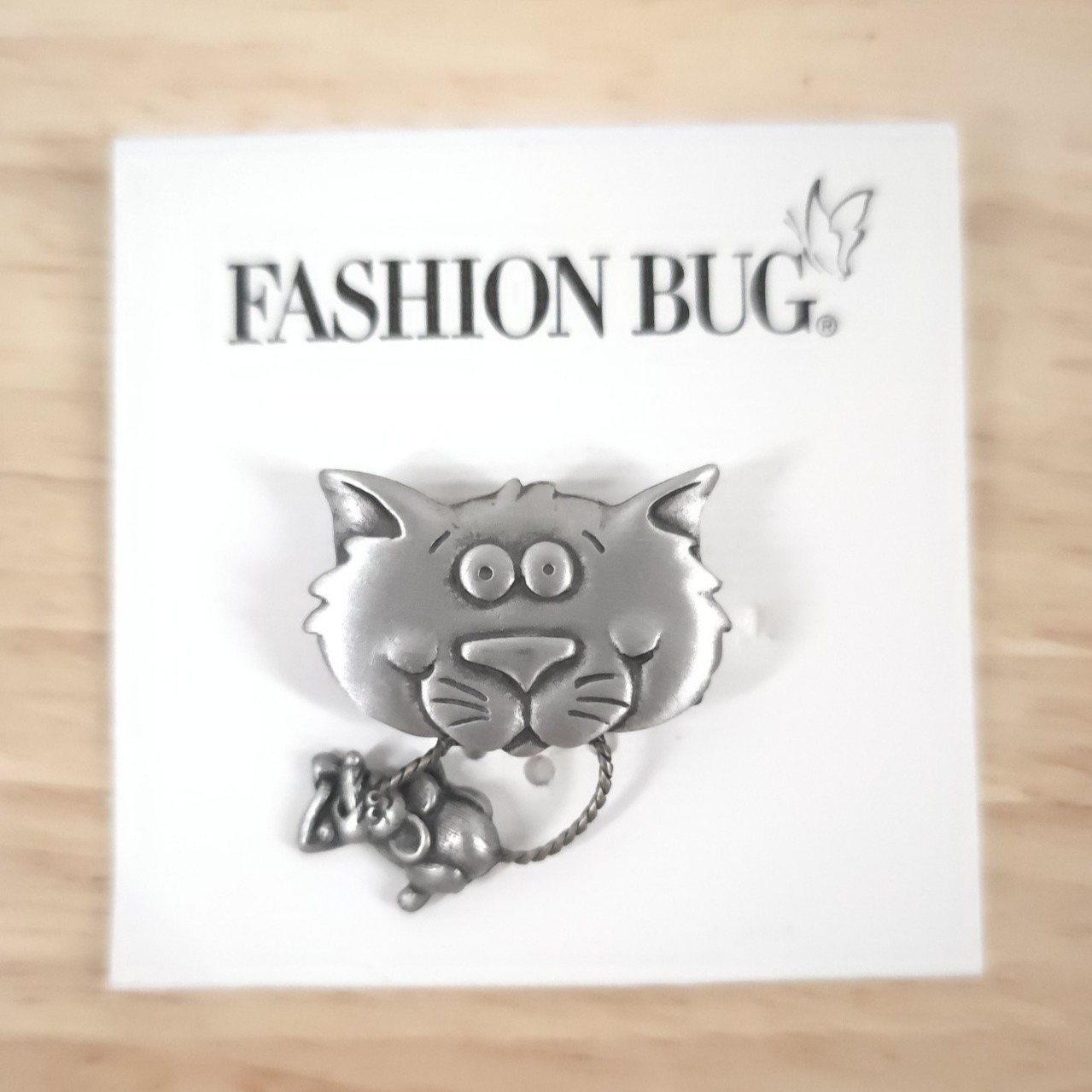 Vtg Jj Jonette Jewelry Cat Head Dangling Mouse Pin Brooch Pewter Fashion Bug